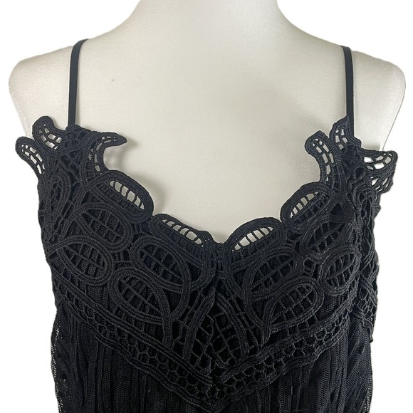DEX Black Crochet Lace Tiered Polka Dot Mini Dress L Spaghetti Strap Lined Fairy - Picture 6 of 16